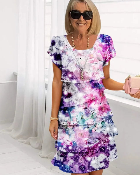 Fay — Purple Watercolour Floral Tiered Ruffle Dress