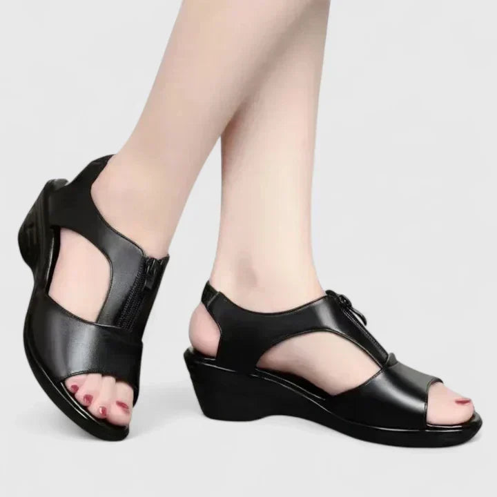 Temperance — Open-Toe Comfort Sandals with Cut-Out Sides and Low Heel
