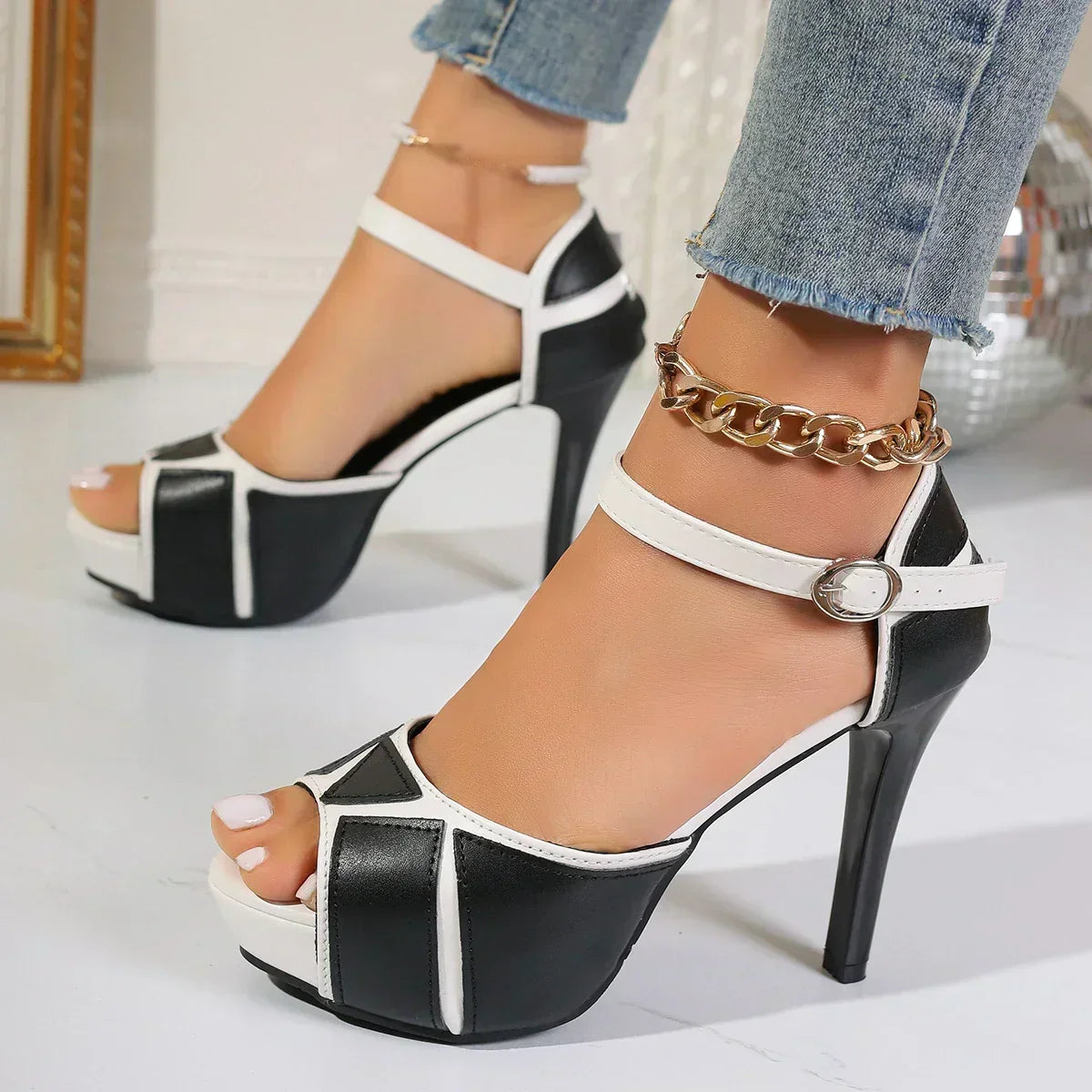 Tierney — Colour-Block Platform Stiletto Sandals with Ankle Strap