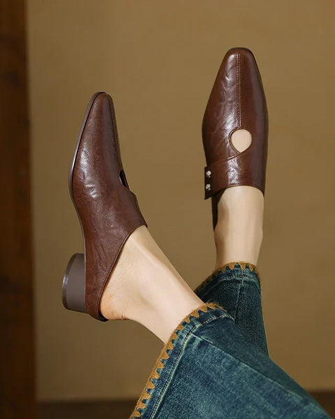 Olga Genuine Leather Mules - Brown