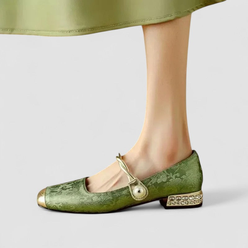 Akiko — Orthopaedic Mary Jane Shoes with Gold Toe Cap and Jewelled Heel