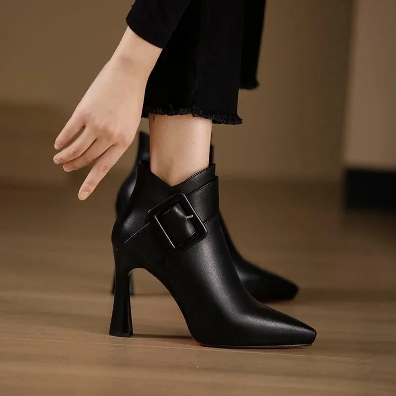 Annick — Pointed Ankle Boots with Buckle Strap and Flared Heel