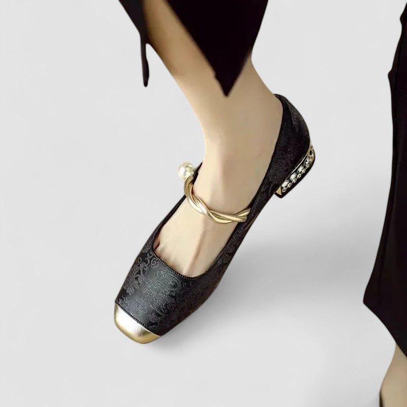 Akiko — Orthopaedic Mary Jane Shoes with Gold Toe Cap and Jewelled Heel