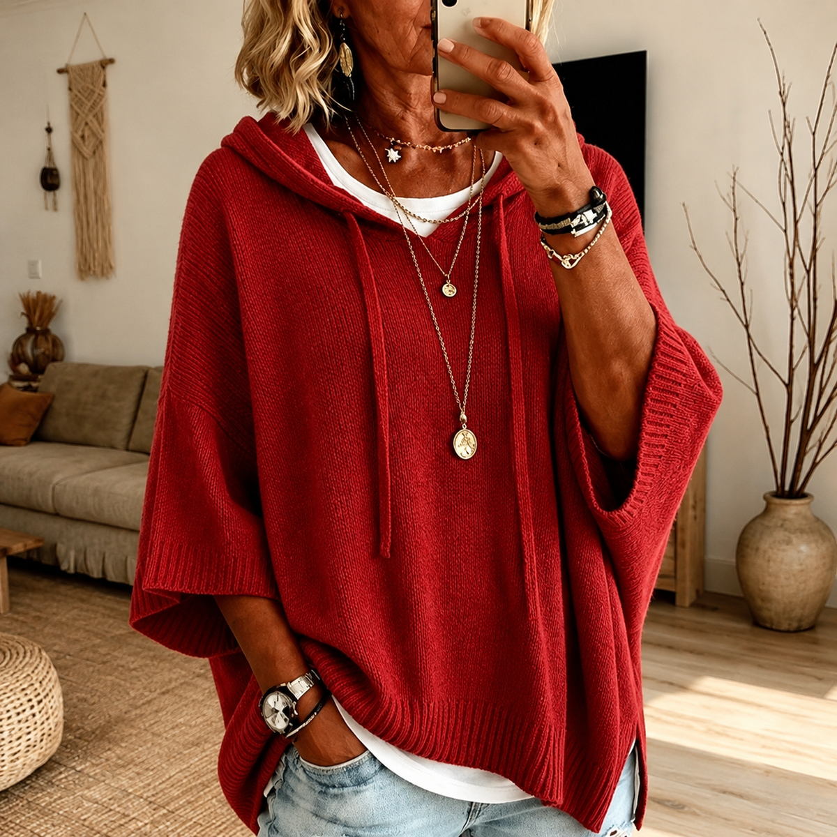 Claire — Red Poncho Sweater