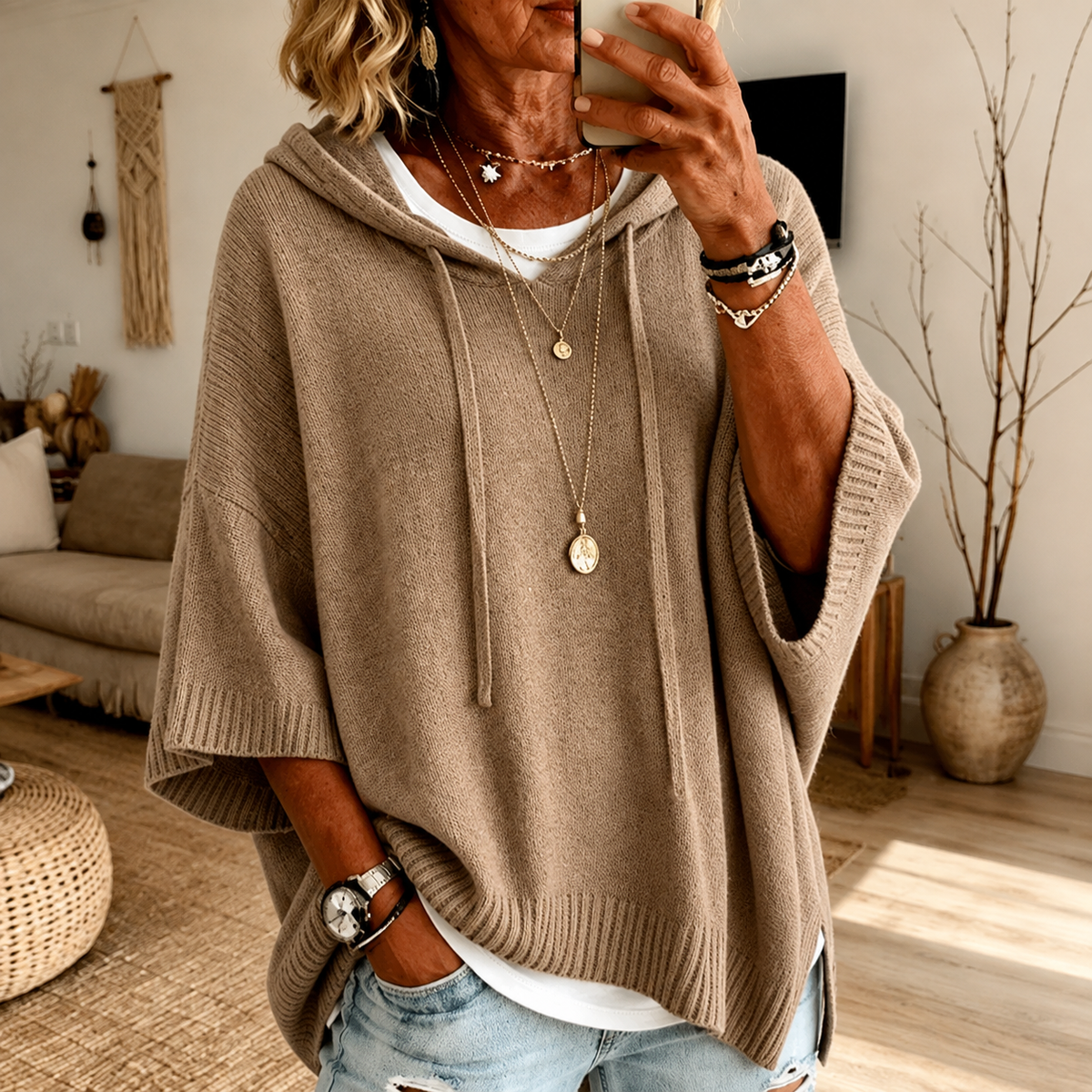Manon — Taupe Poncho Sweater