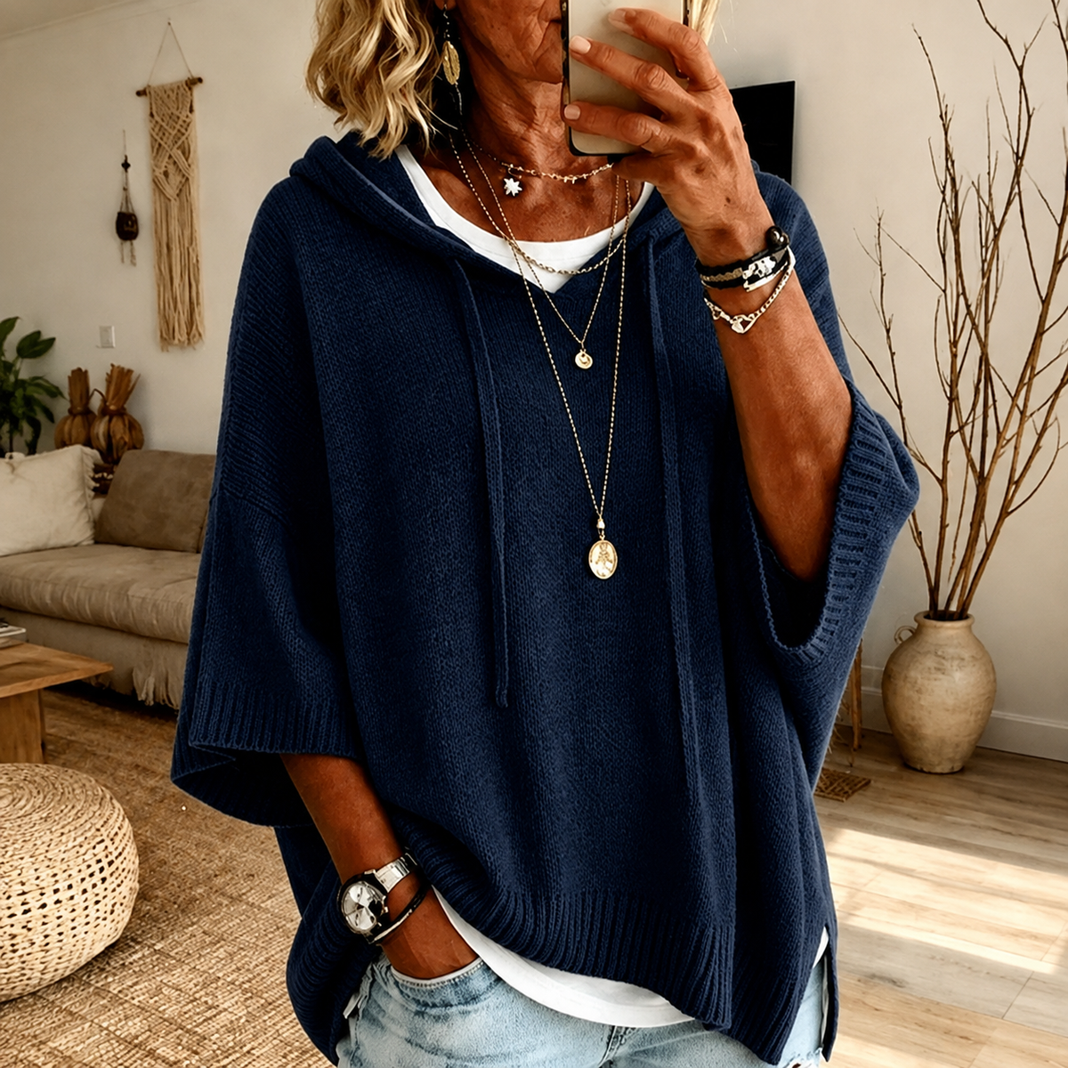 Juliette — Navy Blue Poncho Sweater