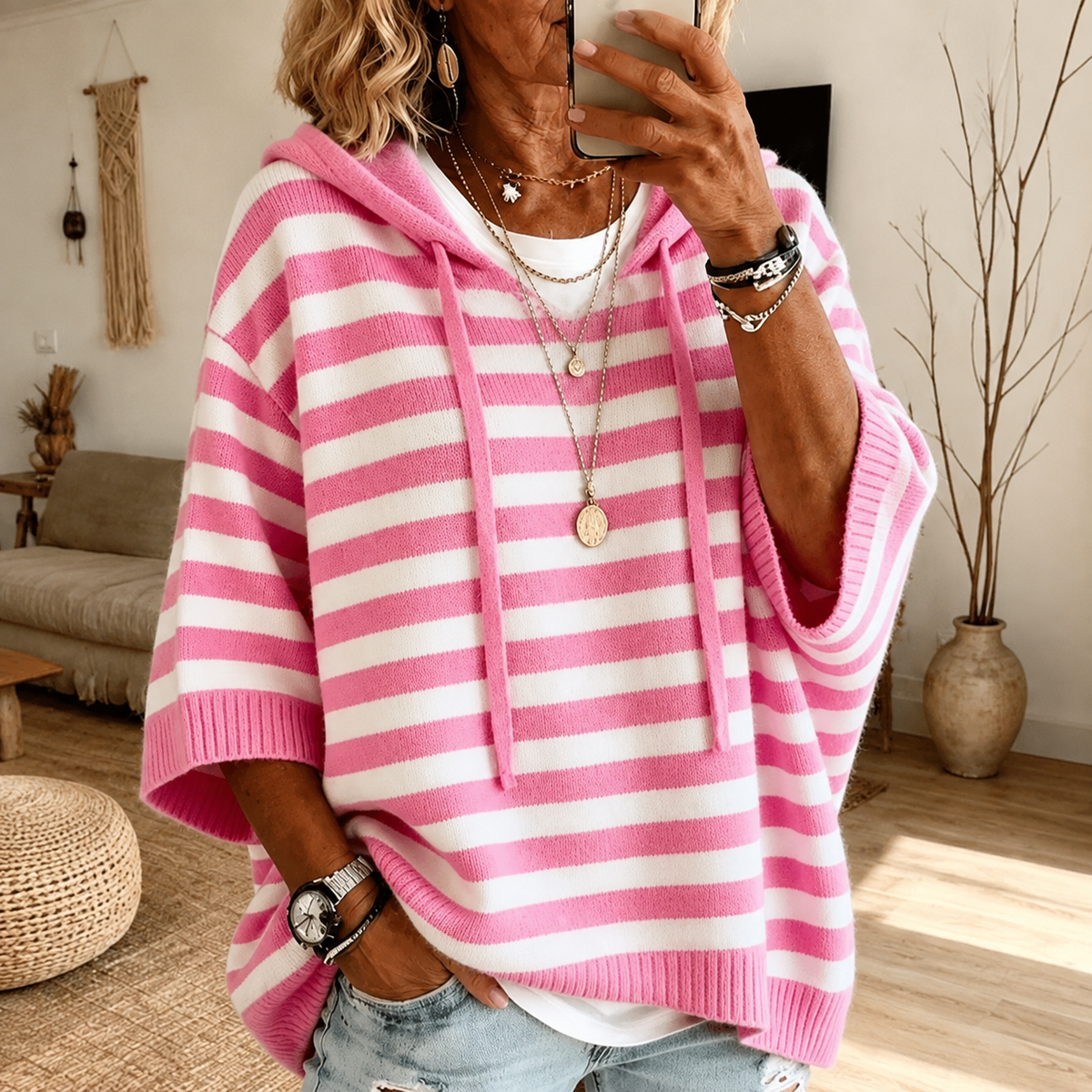 Emilie — Pink Striped Poncho Sweater