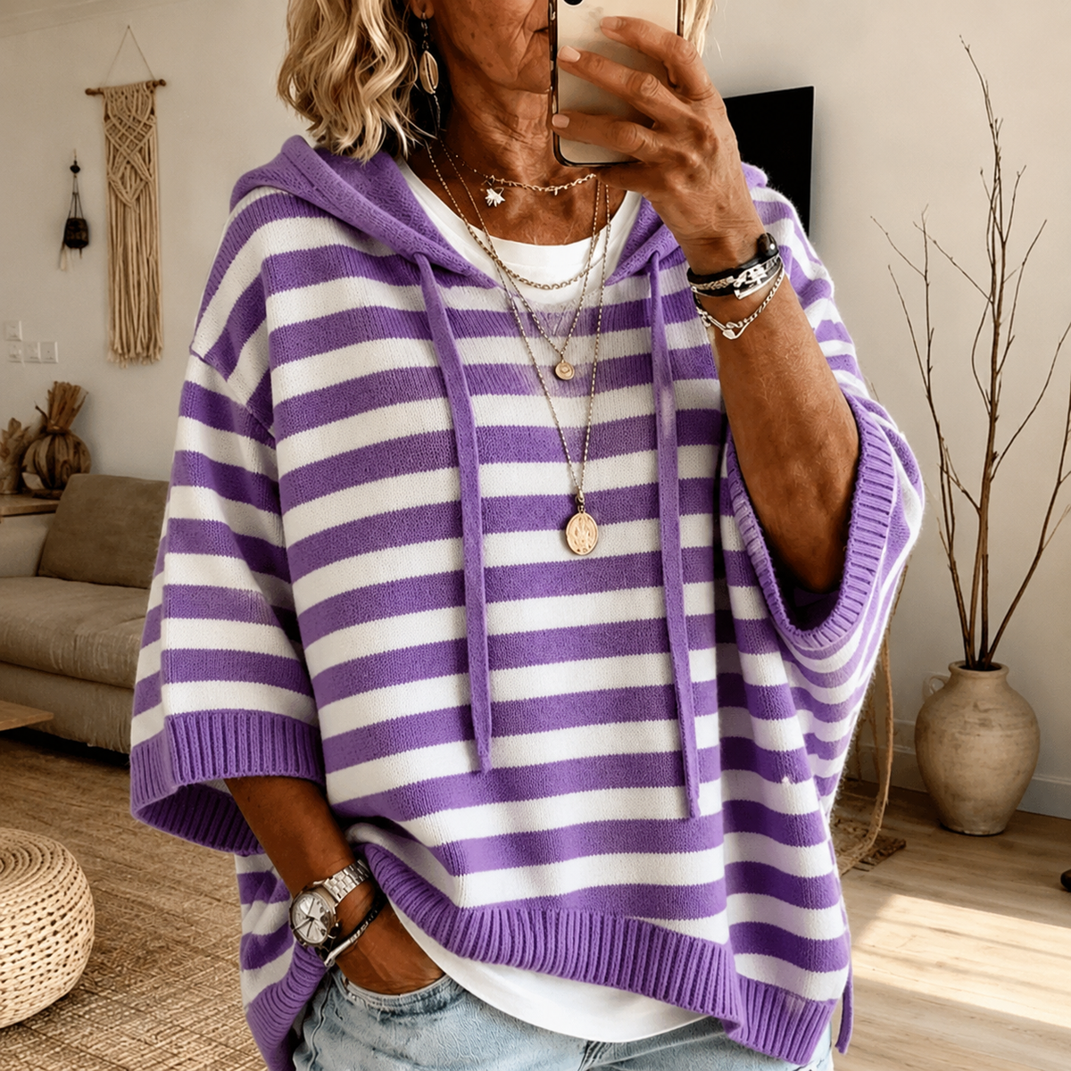 Anais — Purple Striped Poncho Sweater