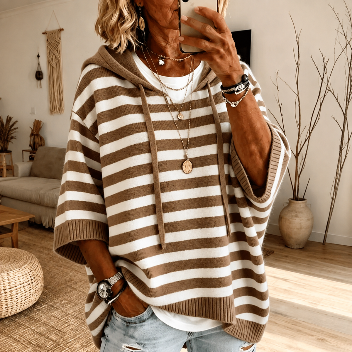 Mathilde — Taupe Striped Poncho Sweater