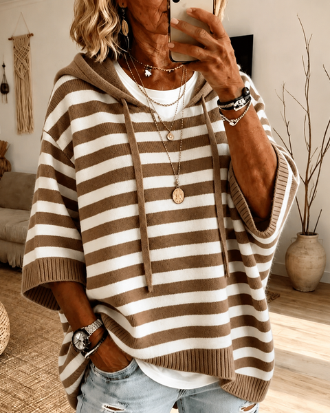 Mathilde — Taupe Striped Poncho Sweater
