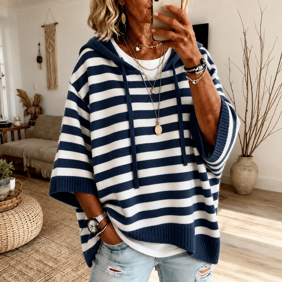 Marine — Navy Blue Striped Poncho Sweater