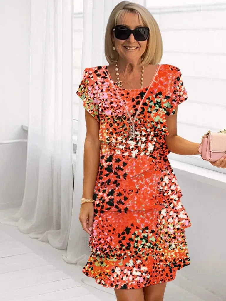 Eliza — Orange Abstract-Floral Tiered Ruffle Dress
