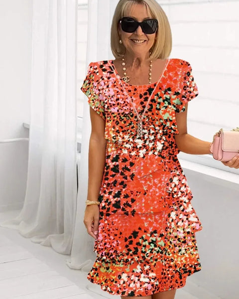 Eliza — Orange Abstract-Floral Tiered Ruffle Dress