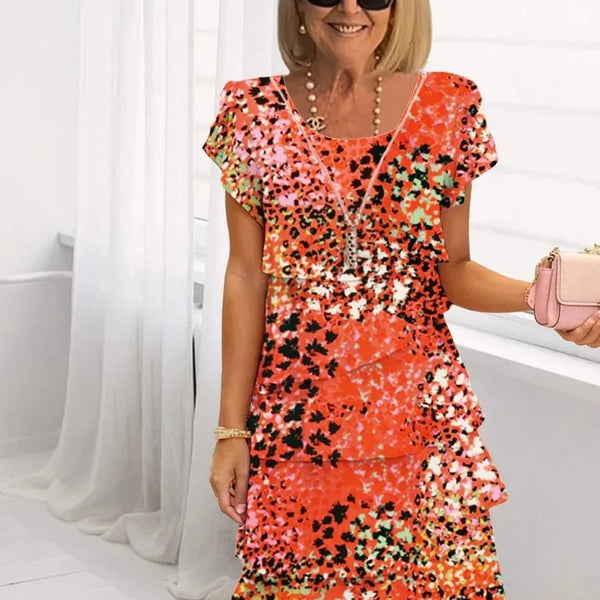 Eliza — Orange Abstract-Floral Tiered Ruffle Dress