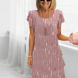 Gabby — Pink Pinstripe-Print Tiered Ruffle Dress