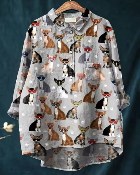 Candelaria — Chihuahua in Sunglasses Print Button-Up Blouse