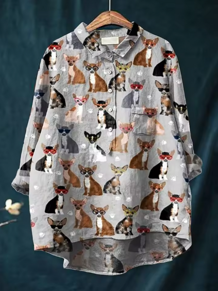 Candelaria — Chihuahua in Sunglasses Print Button-Up Blouse