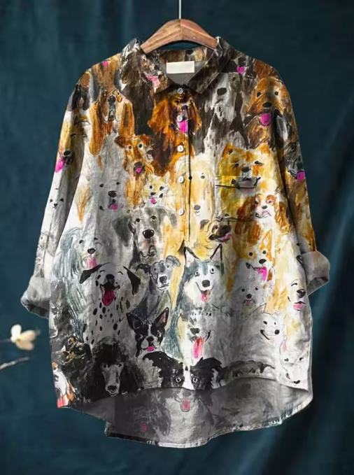 Cecilie — Watercolour Dogs Print Button-Up Blouse