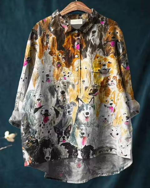 Cecilie — Watercolour Dogs Print Button-Up Blouse