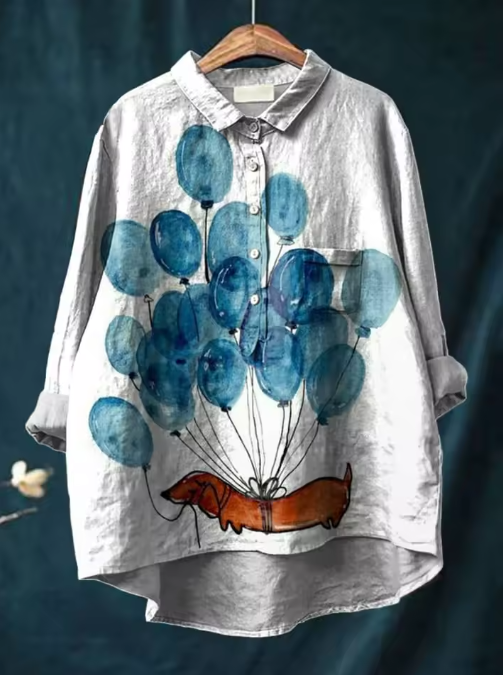 Fortunata — Balloon Dachshund Print Button-Up Blouse