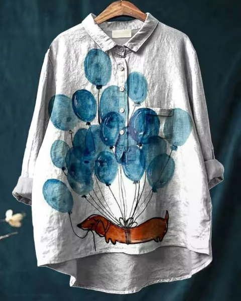 Fortunata — Balloon Dachshund Print Button-Up Blouse