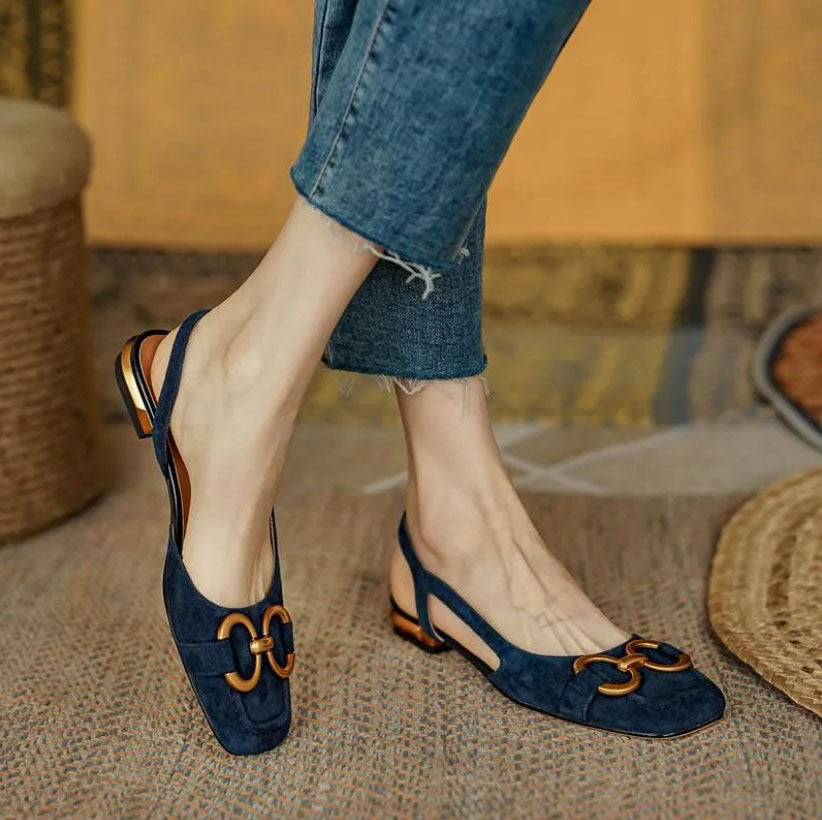 Delfina — Gold-Buckle Slingback Block-Heel Sandals