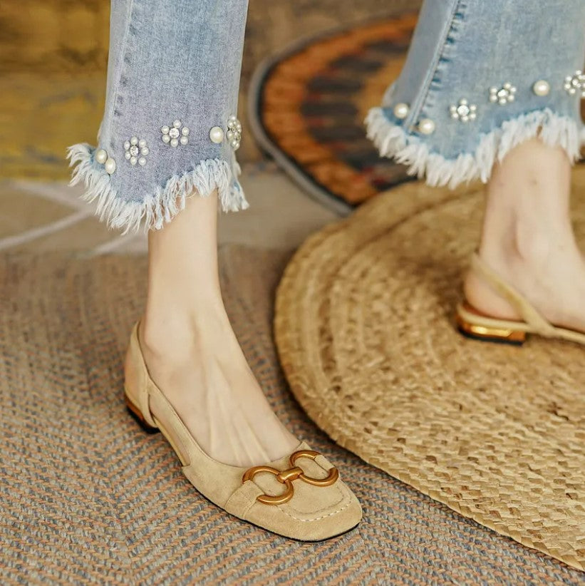 Delfina — Gold-Buckle Slingback Block-Heel Sandals