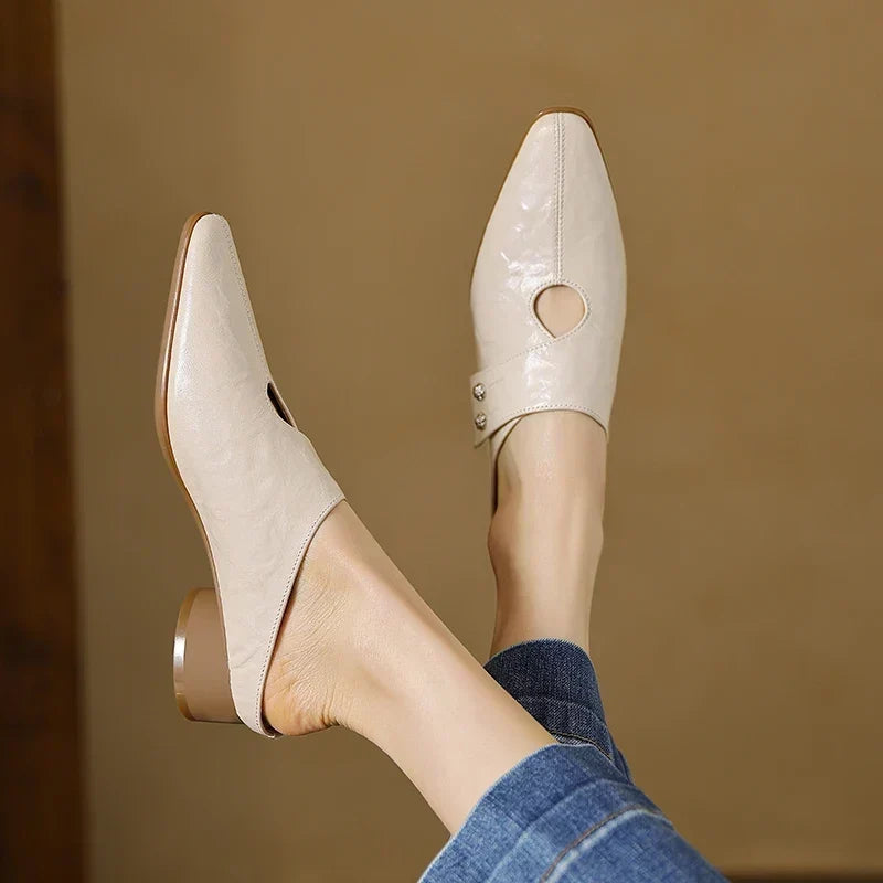 Olga Genuine Leather Mules - Beige