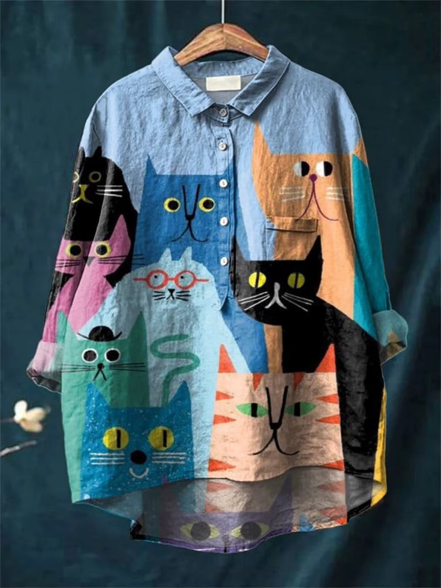 Felicitas — Colourful Cats Print Button-Up Blouse