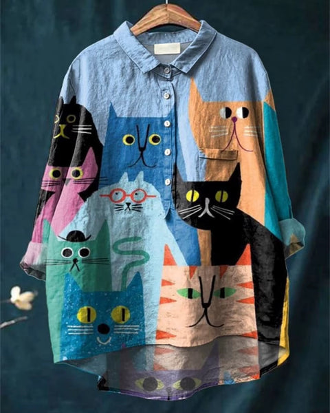 Felicitas — Colourful Cats Print Button-Up Blouse