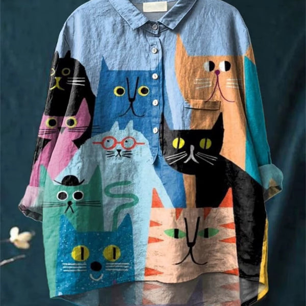Felicitas — Colourful Cats Print Button-Up Blouse