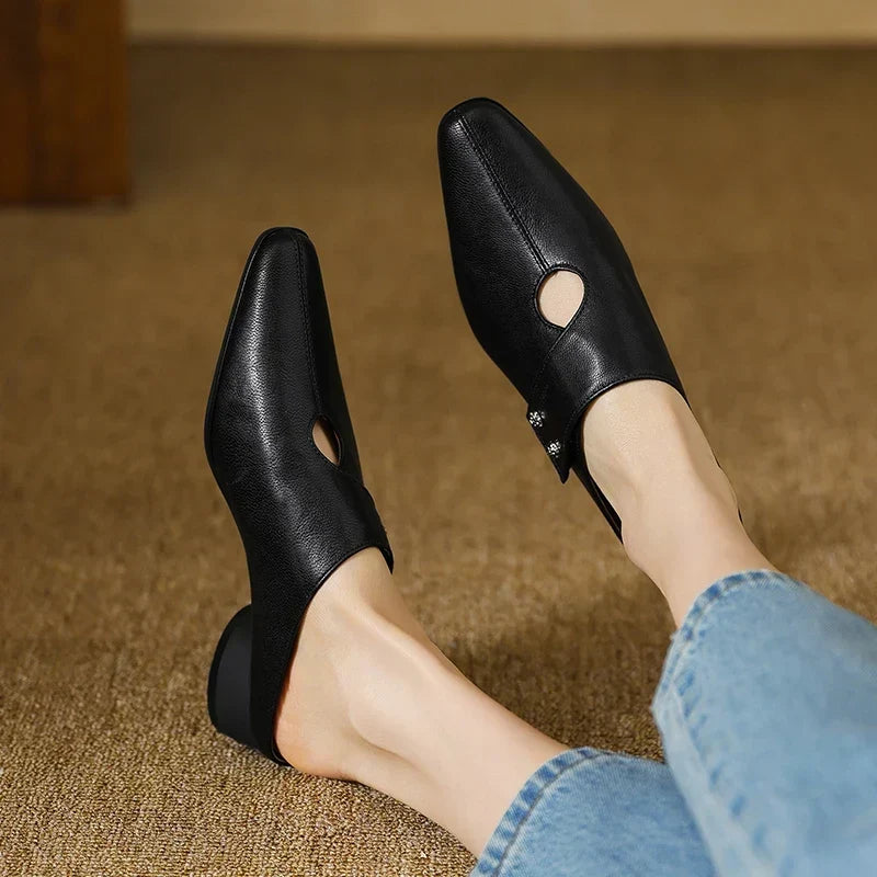 Olga Genuine Leather Mules - Black