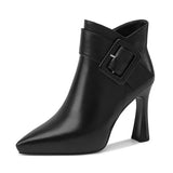Annick — Pointed Ankle Boots with Buckle Strap and Flared Heel