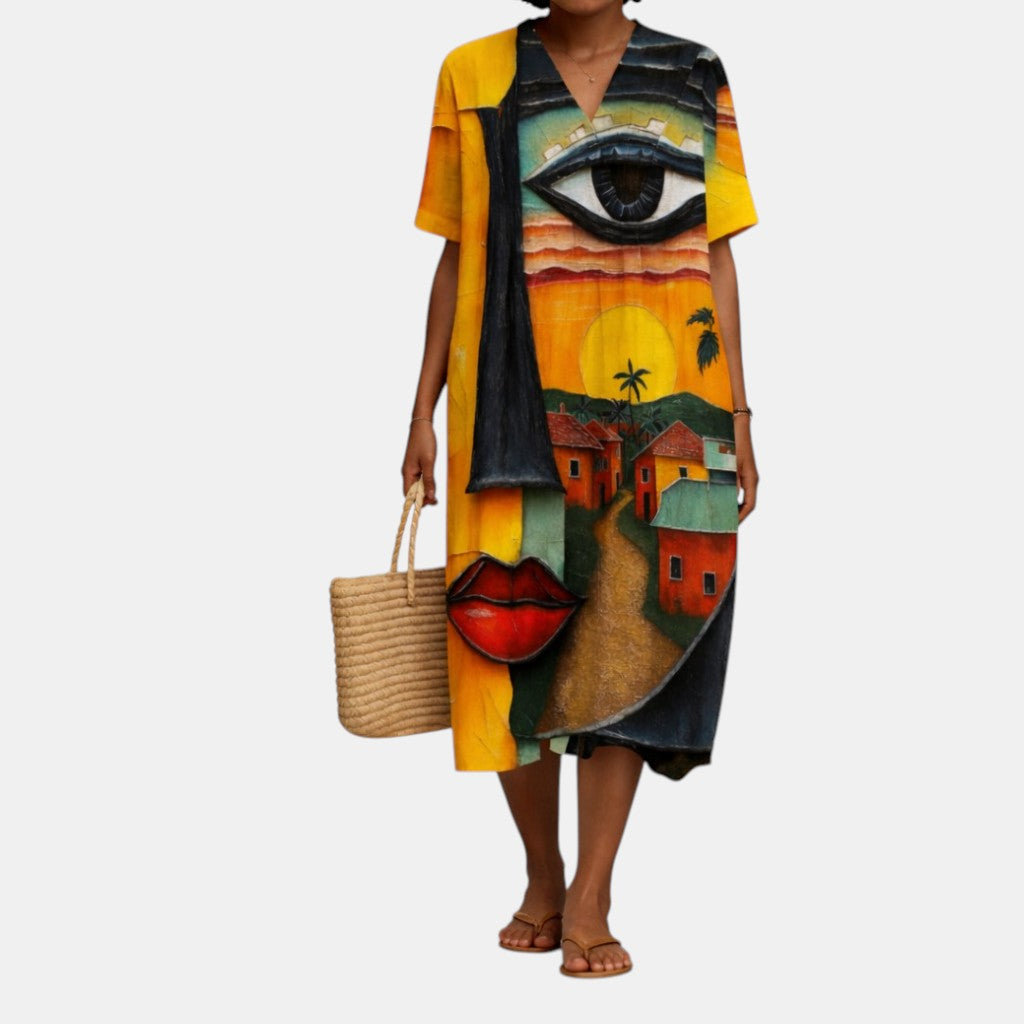 Dayna — Abstract Face-Print V-Neck Boho Maxi Dress