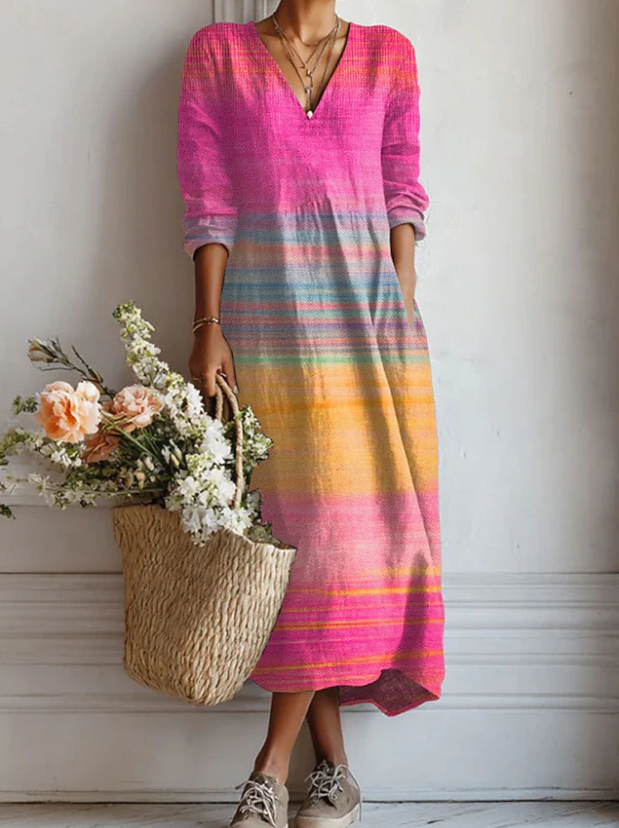 Anouska — Pink Ombre Stripe V-Neck Boho Maxi Dress