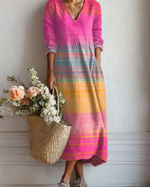 Anouska — Pink Ombre Stripe V-Neck Boho Maxi Dress
