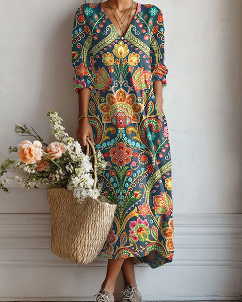 Annabel — Teal Paisley Mosaic V-Neck Boho Maxi Dress