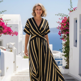 Godelieve — Black and Gold Striped Wrap Midi Dress with V-Neck