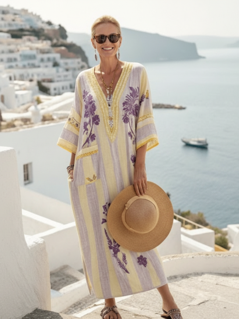 Helvi — Beige Floral Maxi Dress with V-Neck and Half Sleeves
