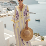 Helvi — Beige Floral Maxi Dress with V-Neck and Half Sleeves
