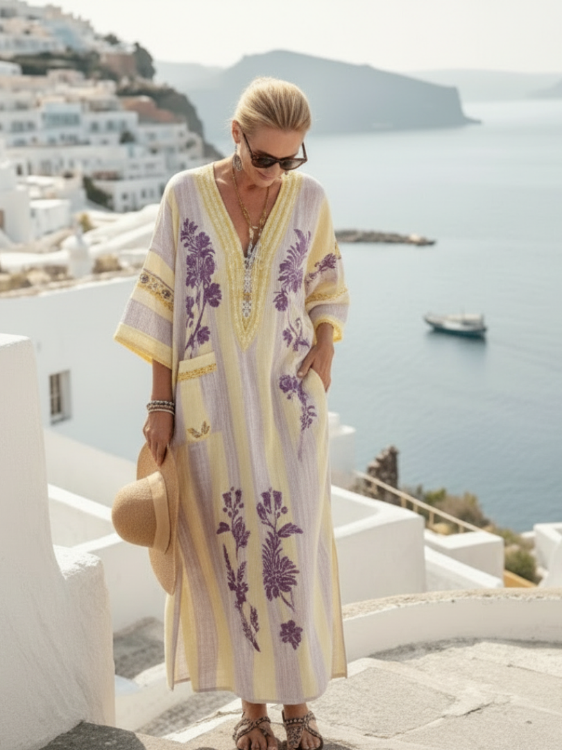 Helvi — Beige Floral Maxi Dress with V-Neck and Half Sleeves