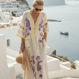 Helvi — Beige Floral Maxi Dress with V-Neck and Half Sleeves