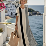 Anwyl — Black and Grey Striped Maxi Dress with Round Neck and Short Sleeves