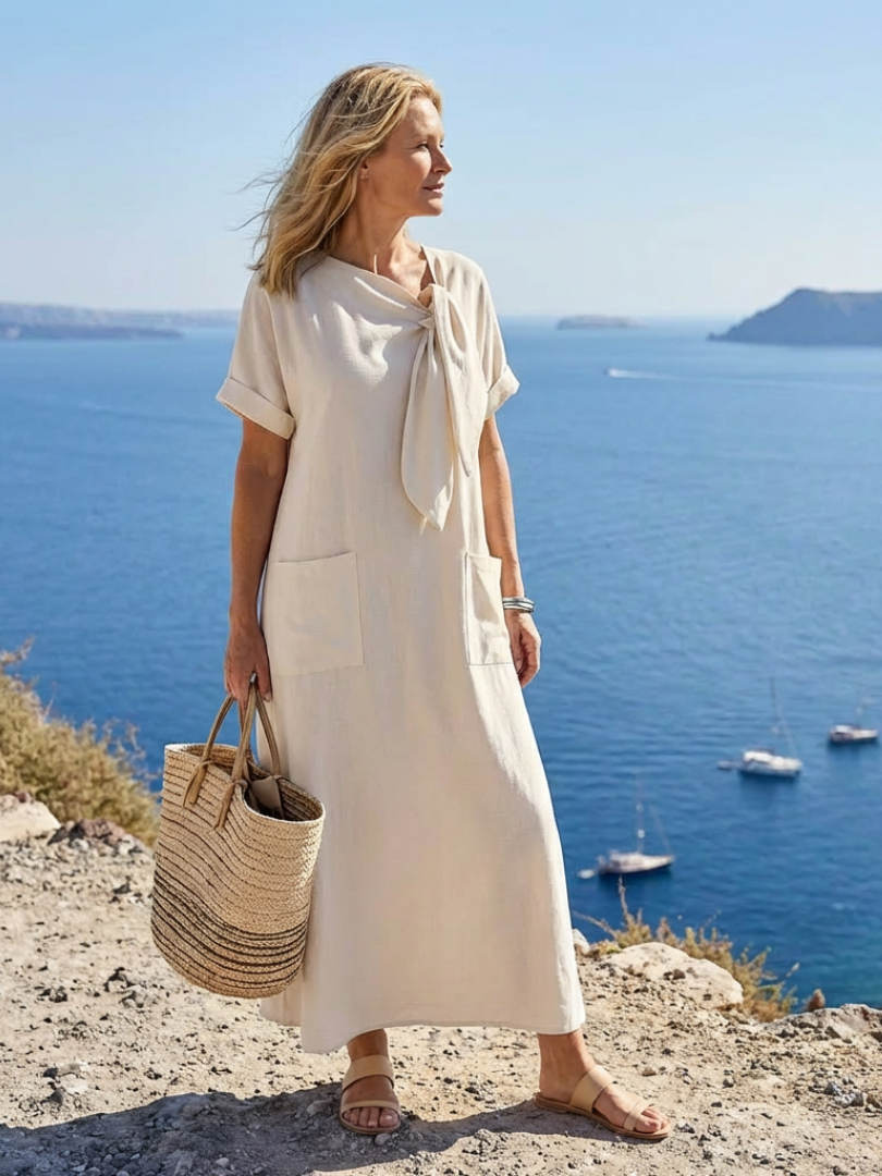 Dionisia — Relaxed Maxi Dress with Round Neck, Short Sleeves and Pockets