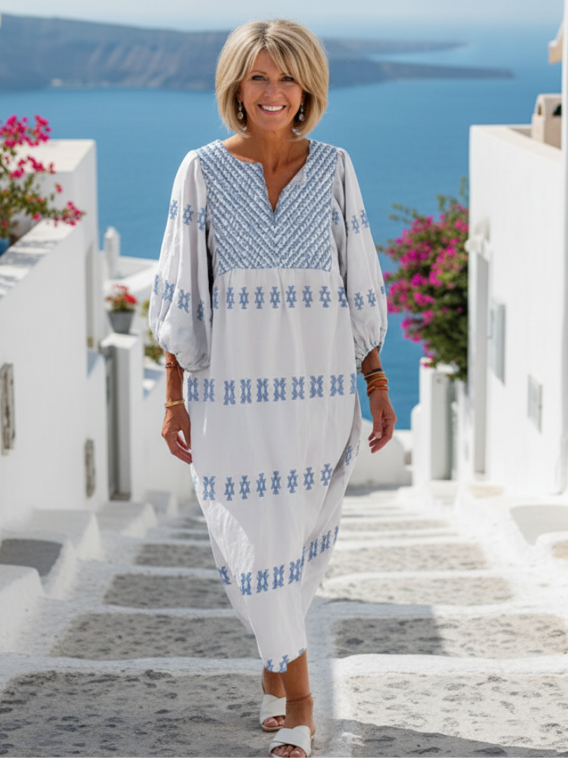 Fanchon — Ivory Maxi Dress with Blue Stripe Embroidery and V-Neck