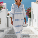 Fanchon — Ivory Maxi Dress with Blue Stripe Embroidery and V-Neck