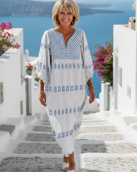Fanchon — Ivory Maxi Dress with Blue Stripe Embroidery and V-Neck