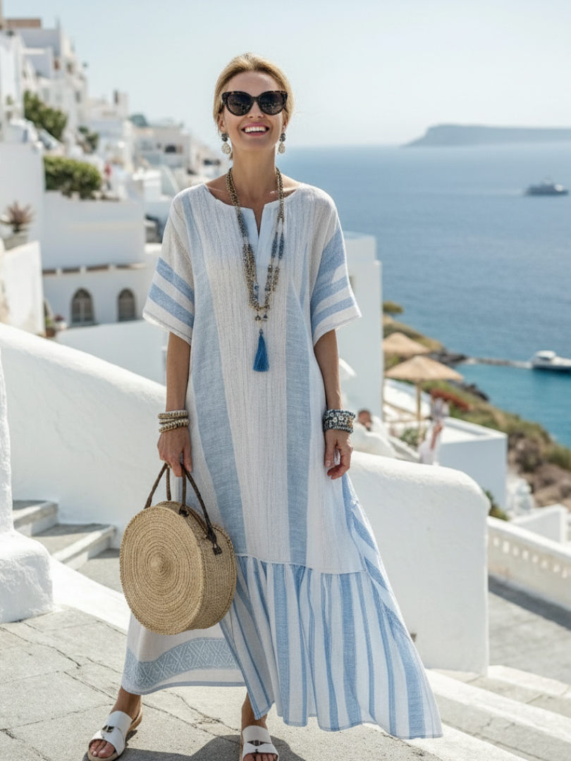Brisa — Sky Blue Striped Maxi Dress with Round Neck and Short Sleeves