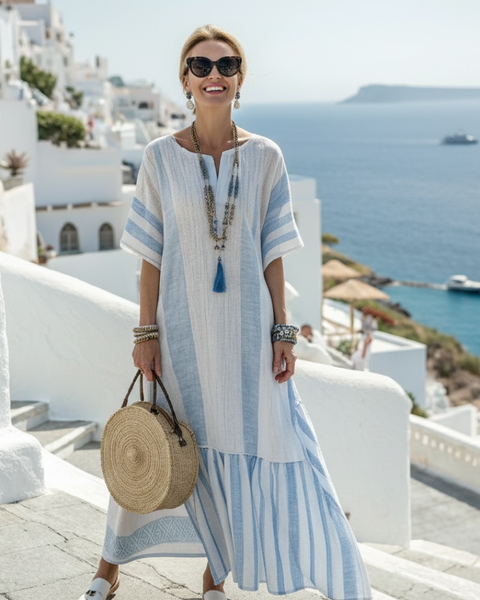 Brisa — Sky Blue Striped Maxi Dress with Round Neck and Short Sleeves
