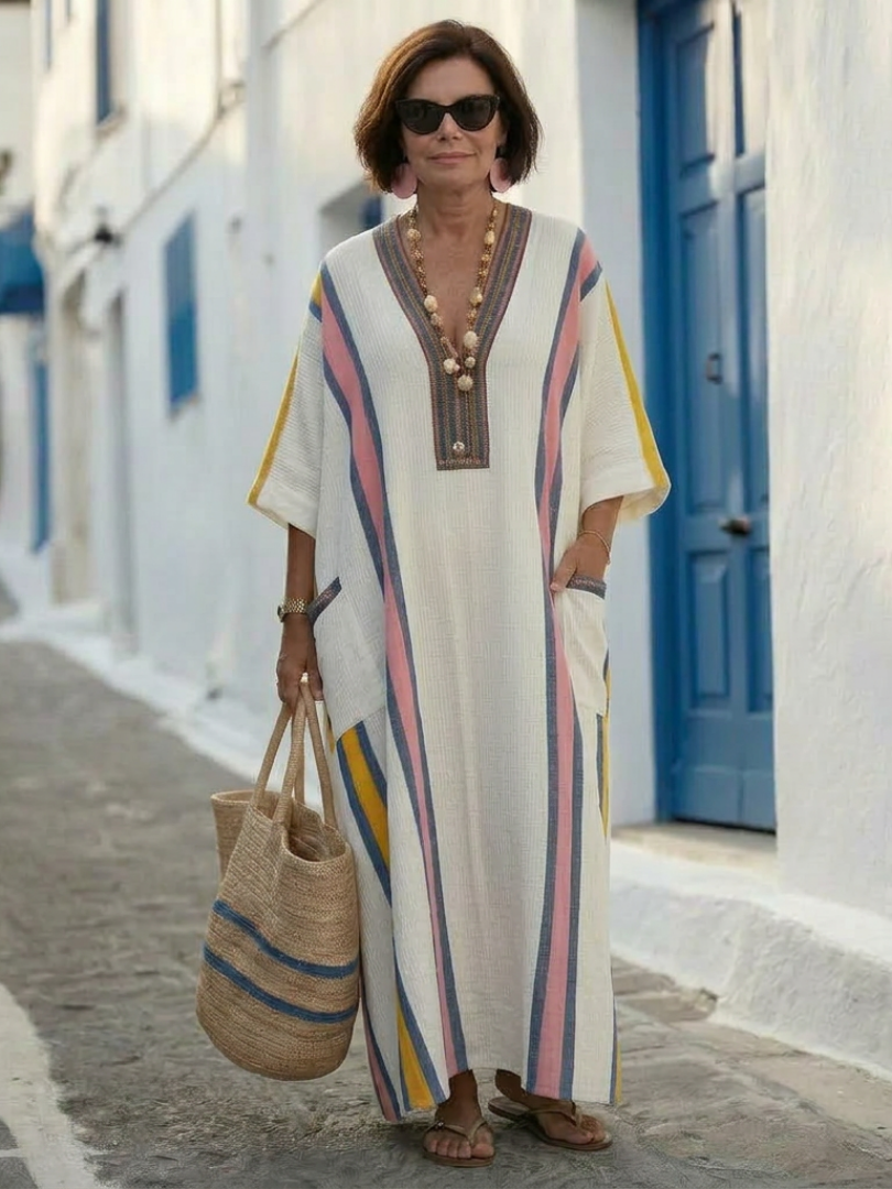 Brunilda — Striped-Trim Kaftan Maxi Dress with V-Neck and Pockets